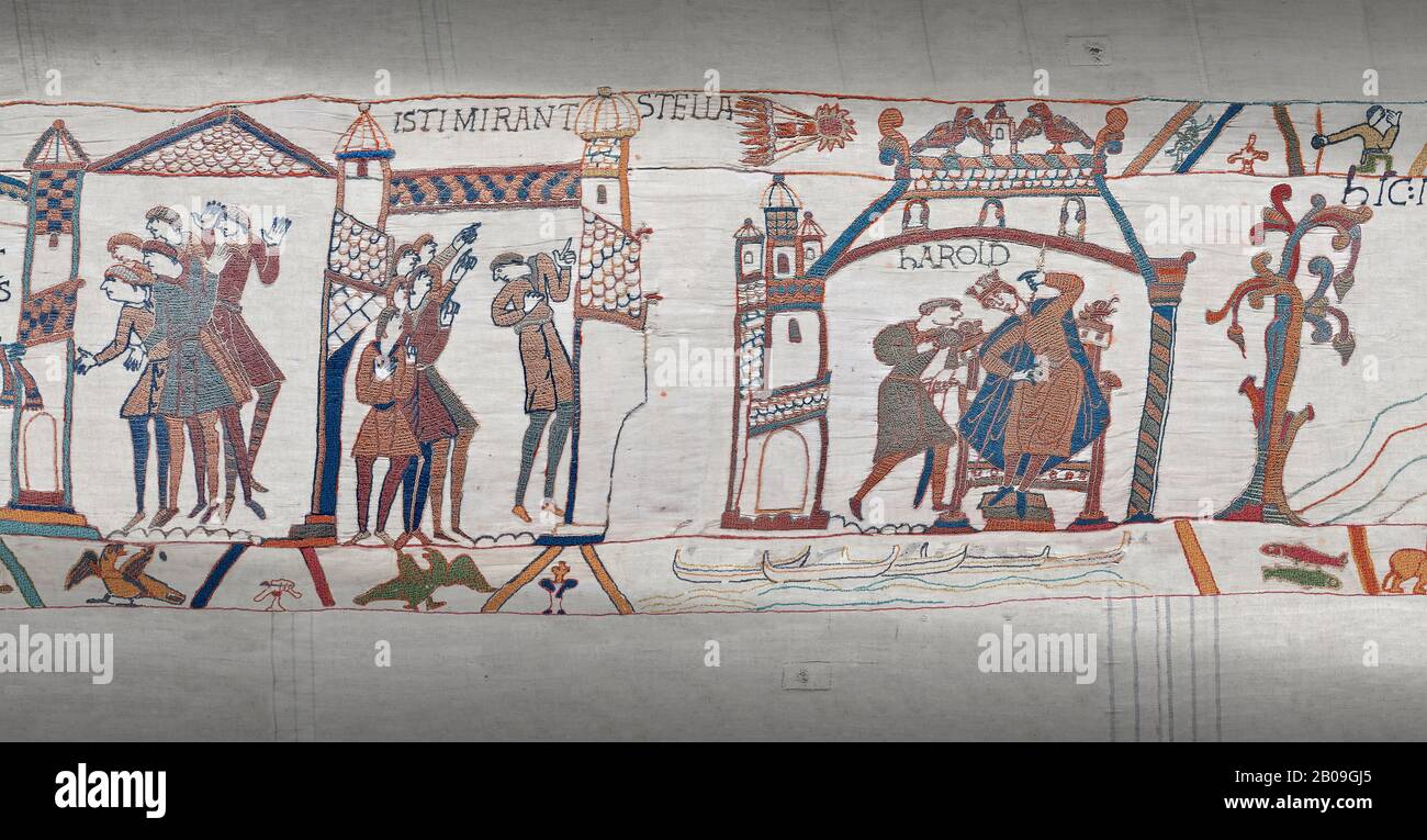 Bayeux Tapestry scene 31-32-33 : Astrologers see a comet in the sky and predict an evil omen for Harold. Stock Photo