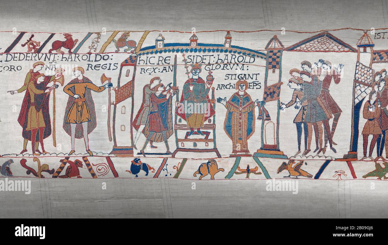 Bayeux Tapestry scene 29 - 30: Harold is proclaimed King then crowned. Stock Photo