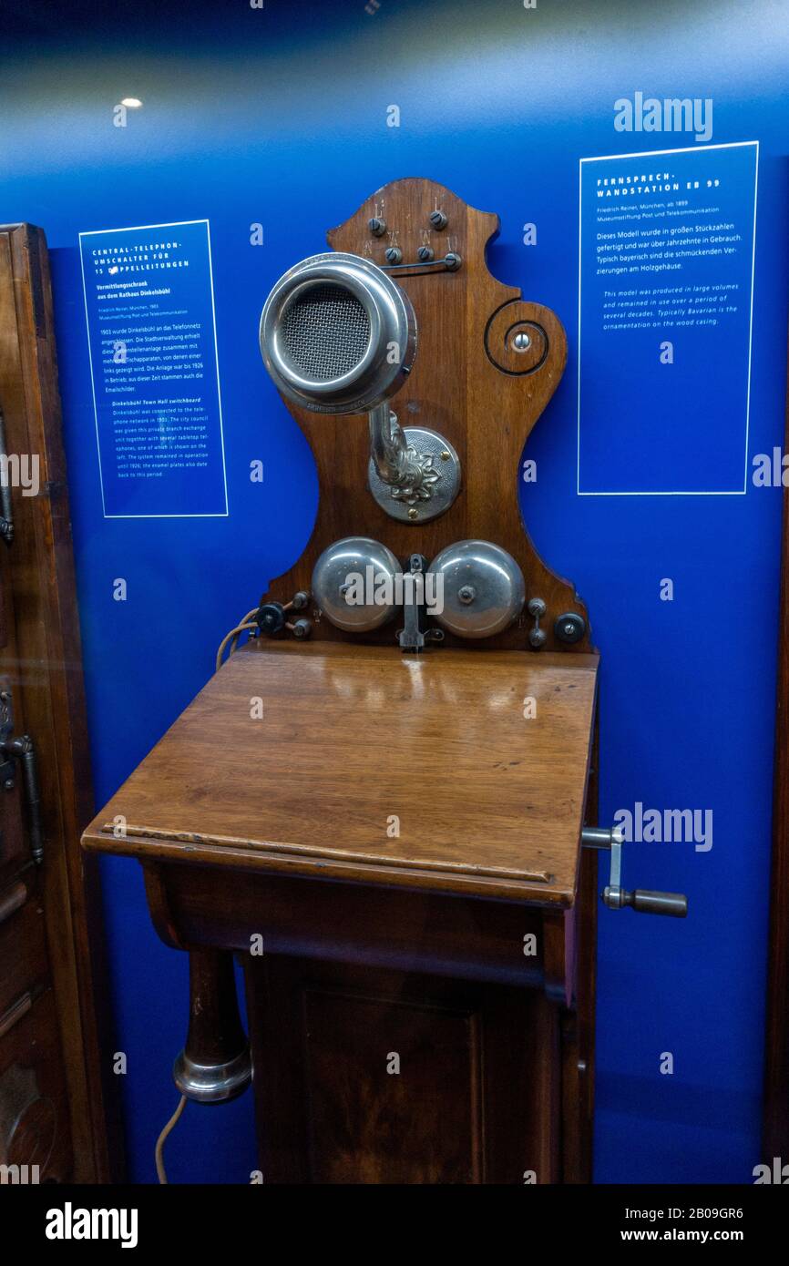 Telephone workstation by Friedrich Reiner (1899) in the Museum of Communications (part of the Nuremberg Transport Museum), Nuremberg, Germany. Stock Photo