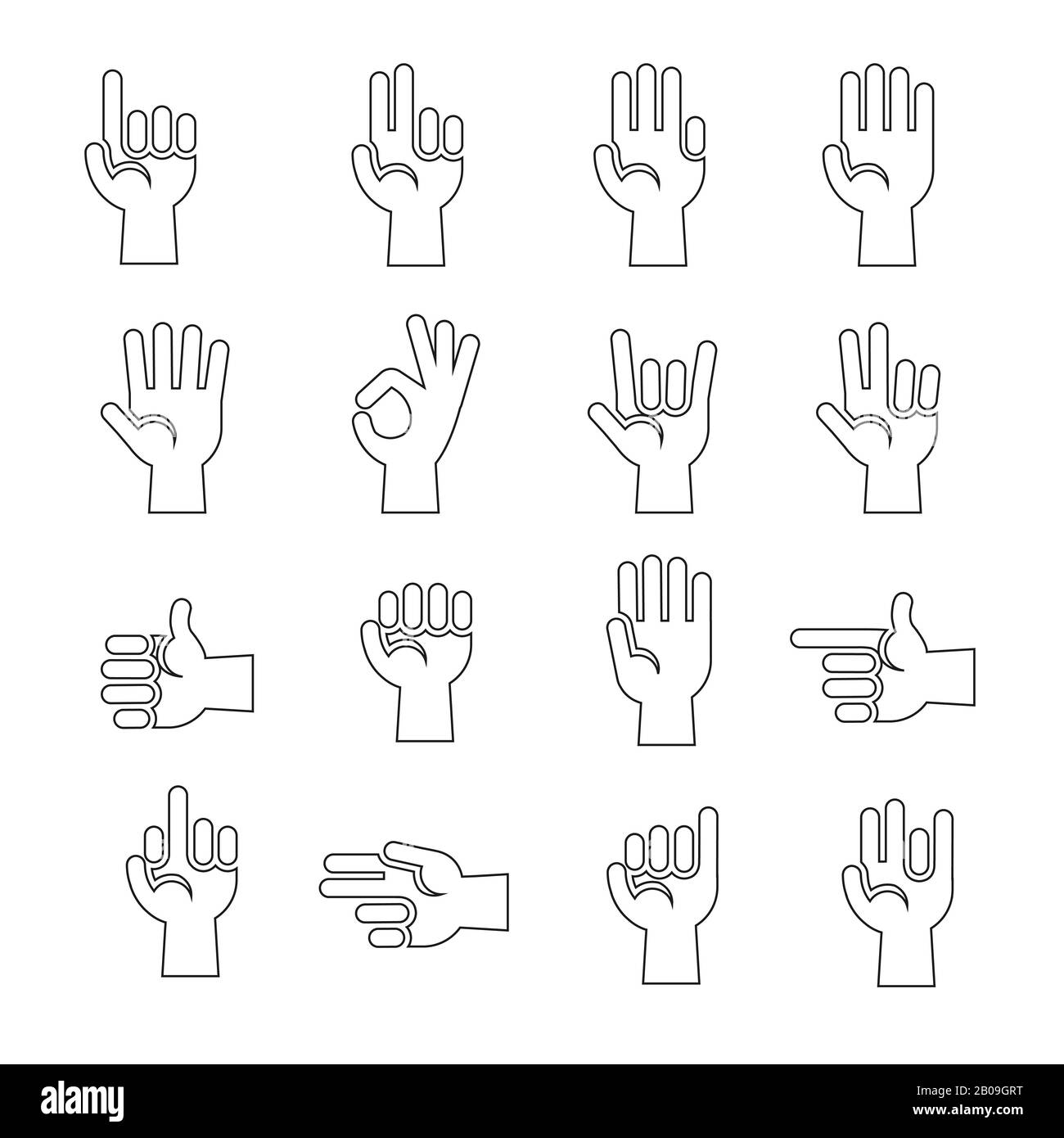 Line art hands gestures vector icons set in black and white illustration Stock Vector