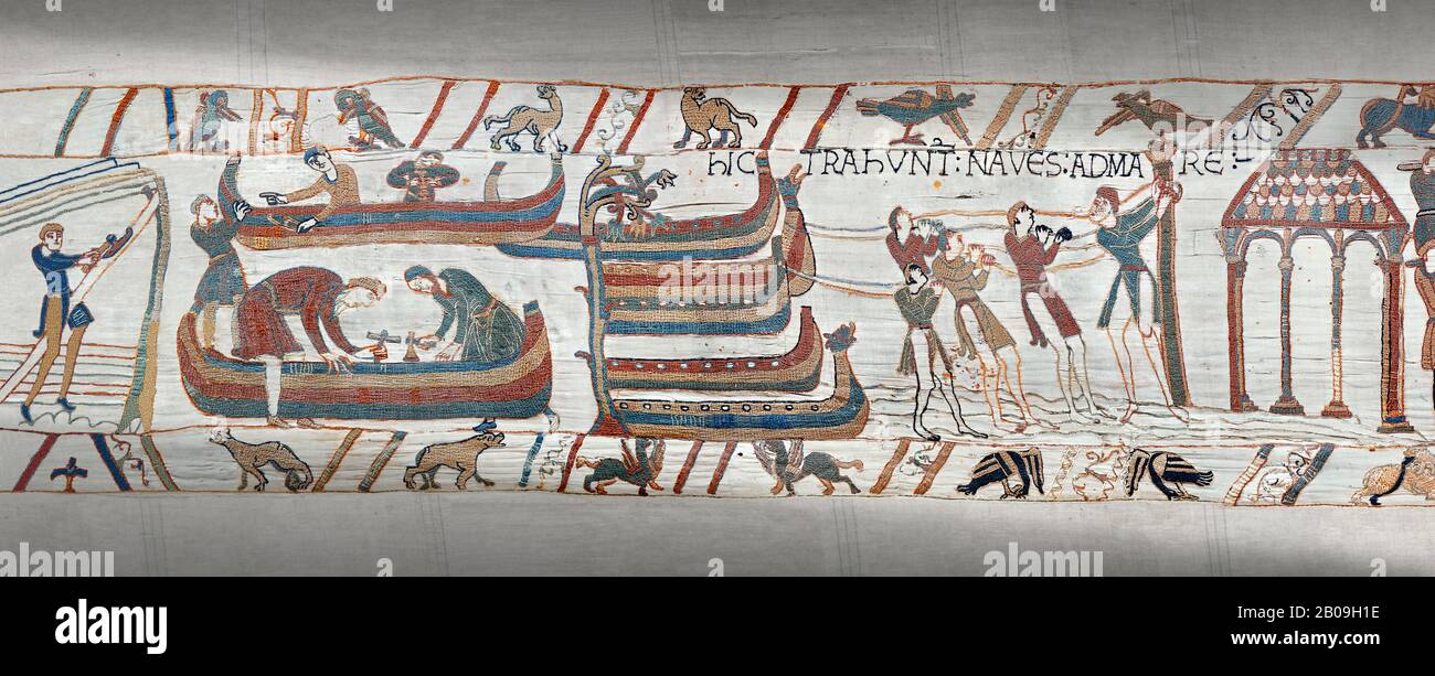 Bayeux Tapestry scene 36: The Normans launch an invasion fleet Stock Photo