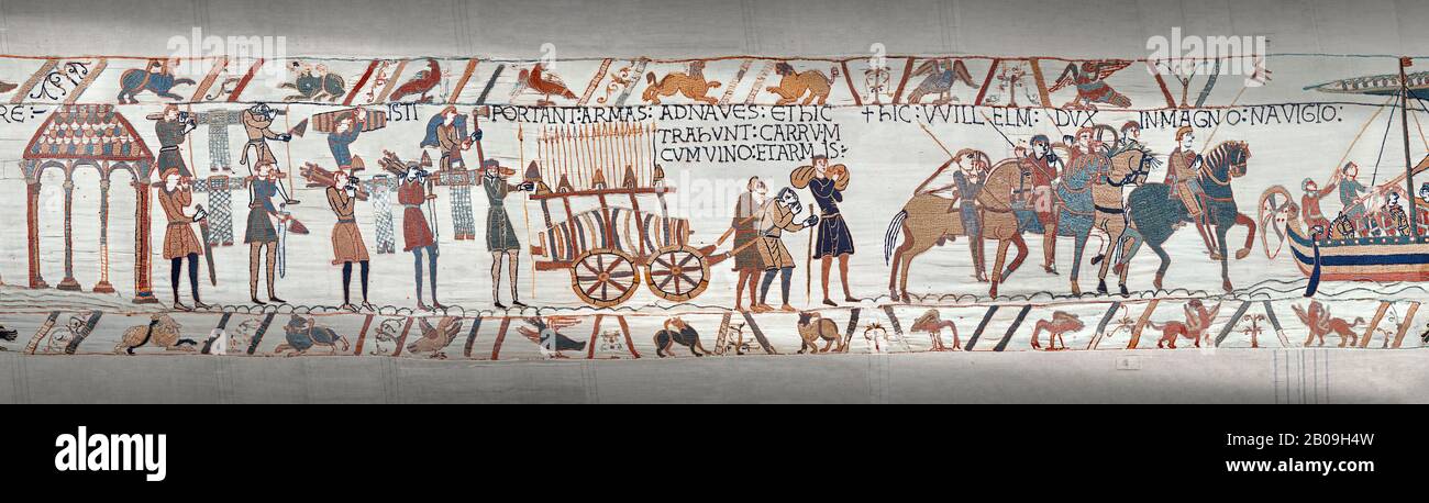 Bayeux Tapestry scene 37:  weapons, wine and horses are loaded on Duke Williams's invasion fleet. Stock Photo
