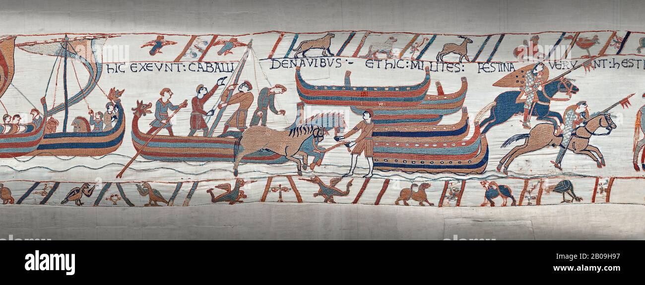 Bayeux Tapestry scene 39:  Horses are disembarked in England from Duke Williams invasion fleet. Stock Photo