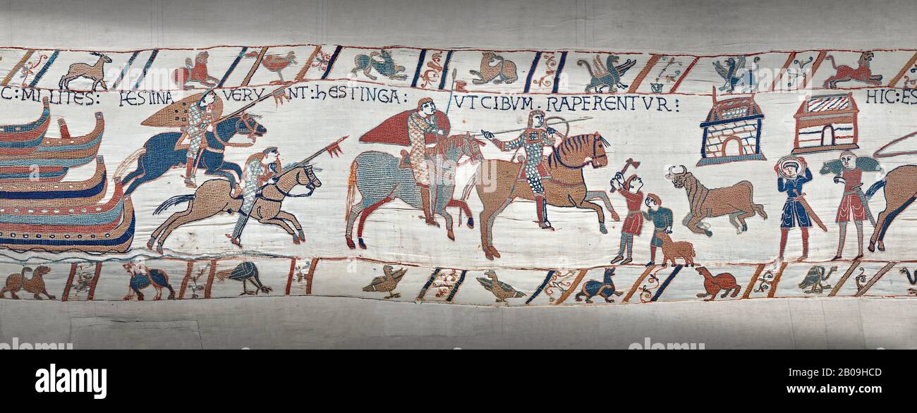 Bayeux Tapestry scene 40:  Norman soldiers ride to Hastings to make camp. Stock Photo