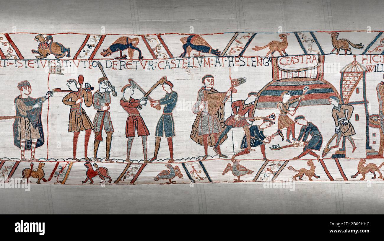 Bayeux Tapestry scene 45:  Norman soldiers train and built a fortified camp. Stock Photo