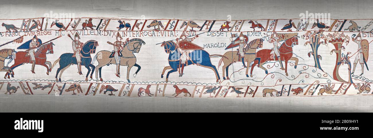Bayeux Tapestry scene 49:  As he advances Duke William is told where the Saxon army is. Stock Photo
