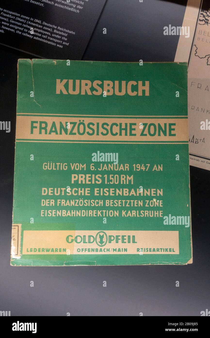 German Railways French Zone train timetables, Museum of Communications (part of the Nuremberg Transport Museum), Nuremberg, Germany. Stock Photo