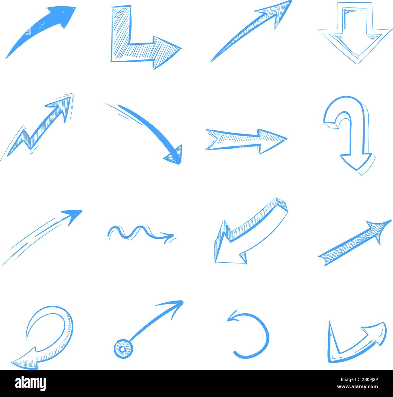 Pen drawing arrows vector set isolated on white. Curve arrow blue, illustration of hand draw different arrows Stock Vector