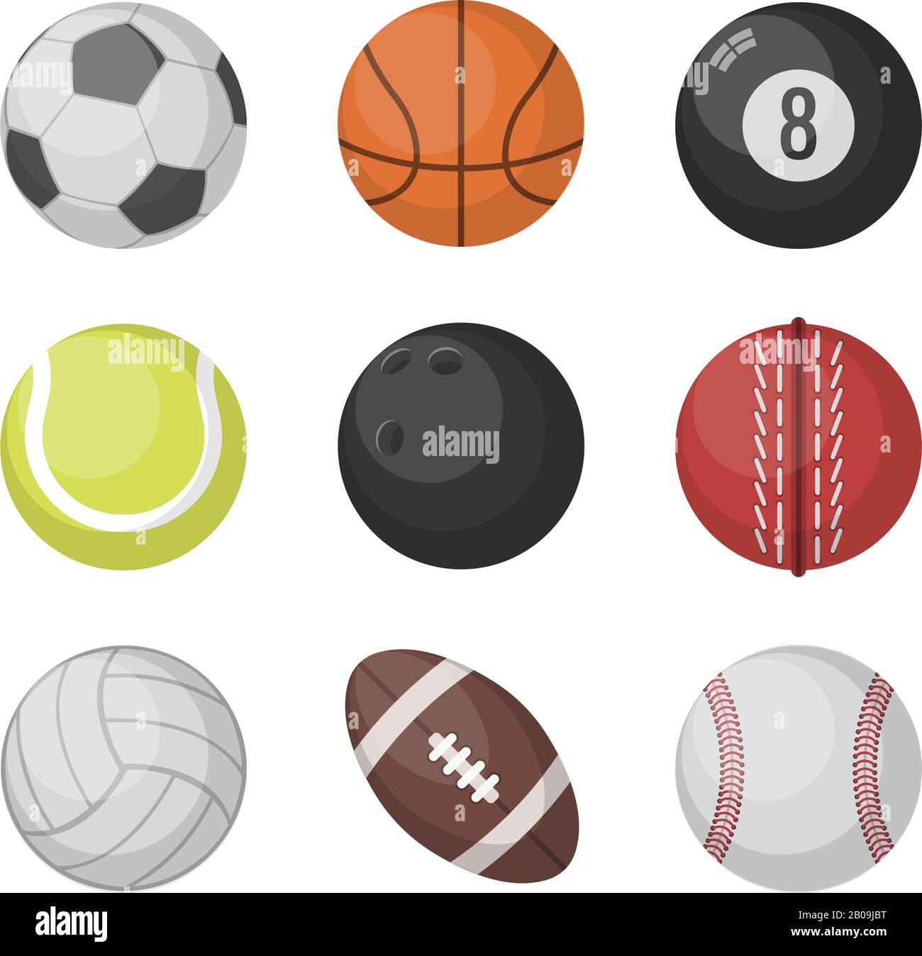 Sports balls vector set. Basketball and soccer, tennis and football, baseball, bowling, golf, volleyball balls. Collection of sport balls illustration Stock Vector