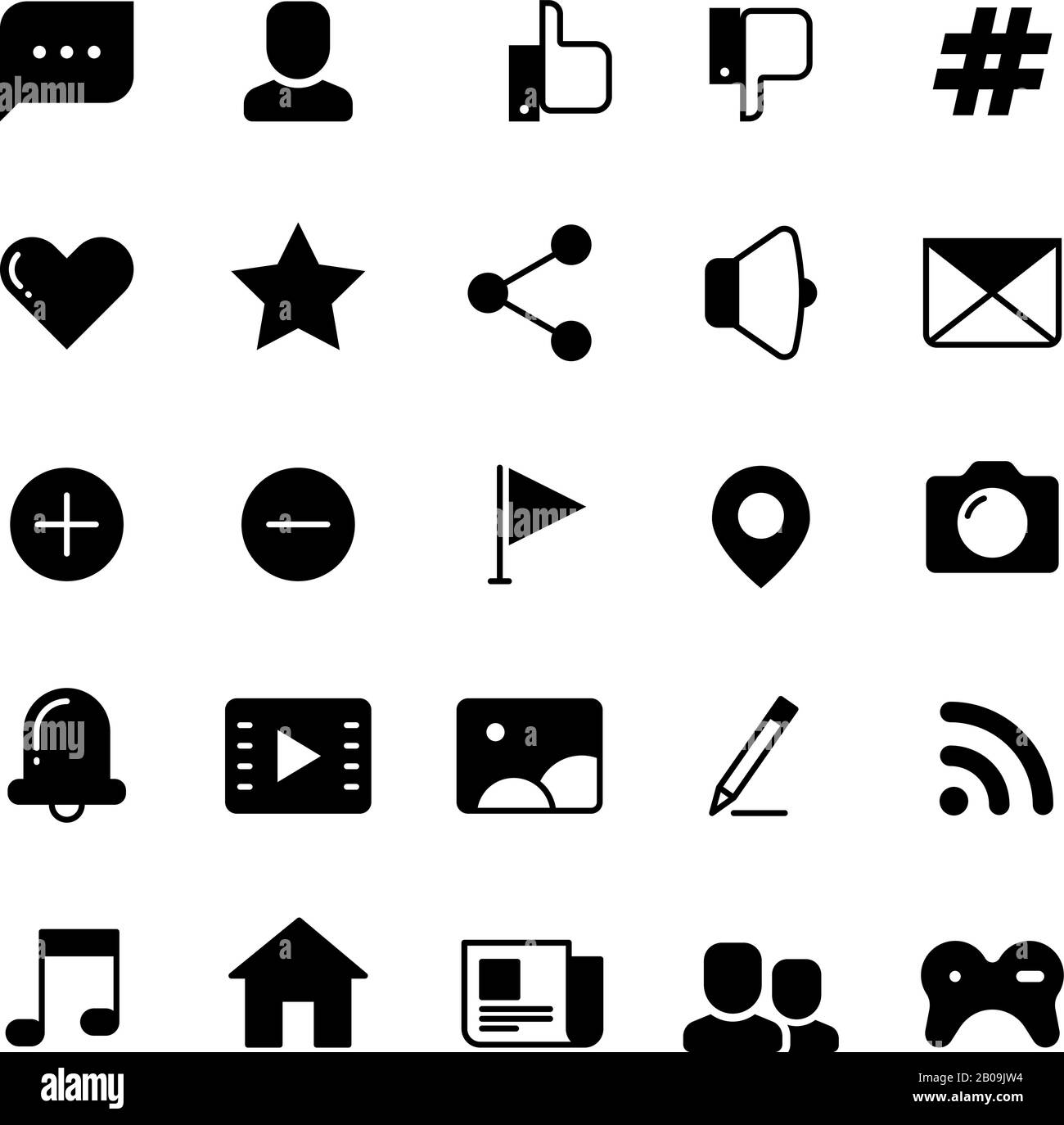 Social network vector icons set. Collection of black icons for social network interface illustration Stock Vector