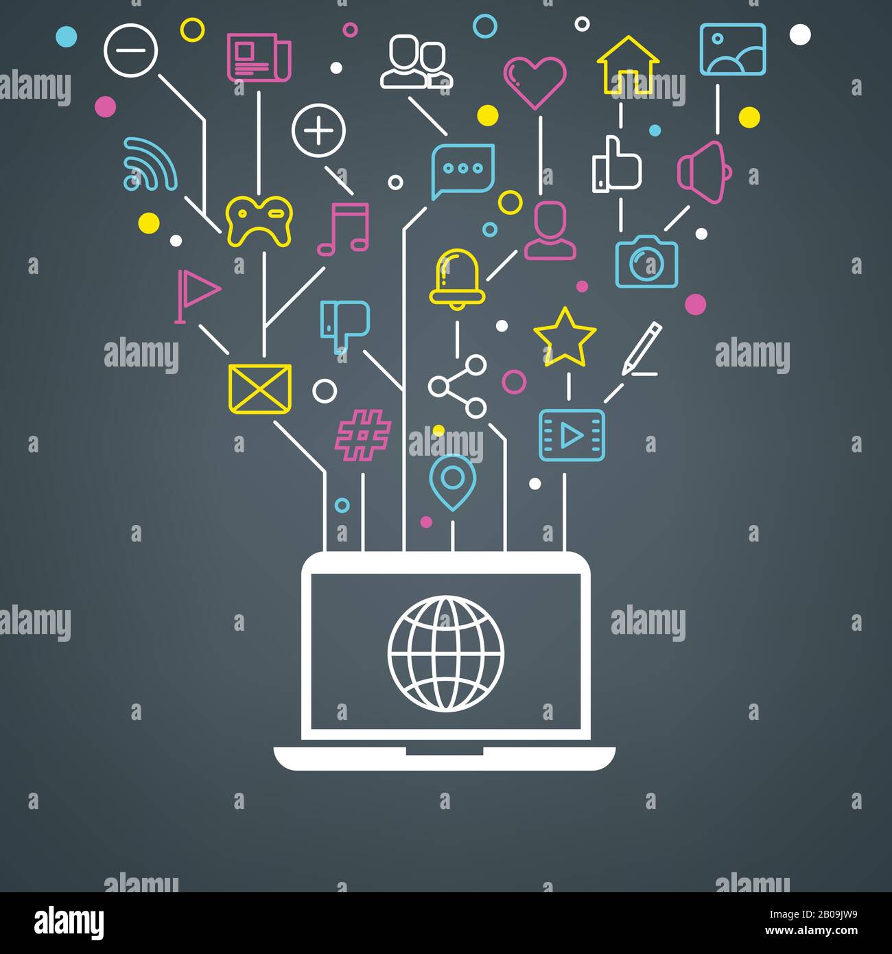 Social media network community, business connection technology vector concept. Laptop with access to social network, illustration of collection web icons for social media Stock Vector