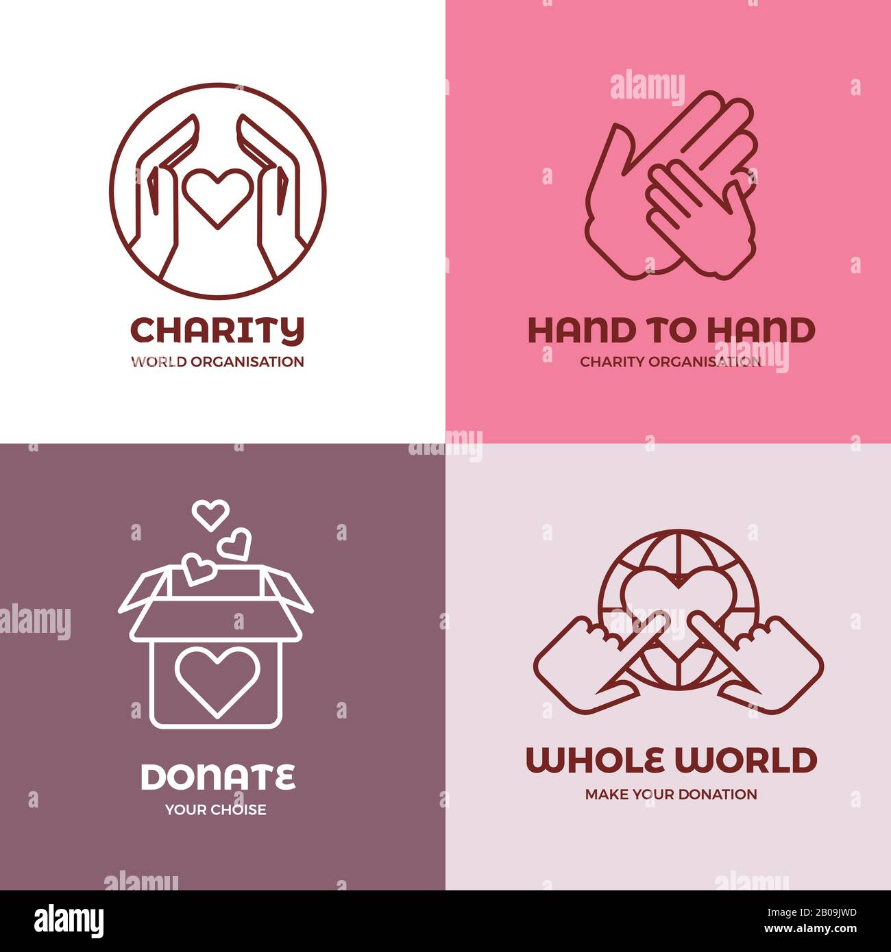 Nonprofit and volunteer organization, charity, philanthropy concept vector logo set. Concept of charity, illustration of emblems charity world organization Stock Vector