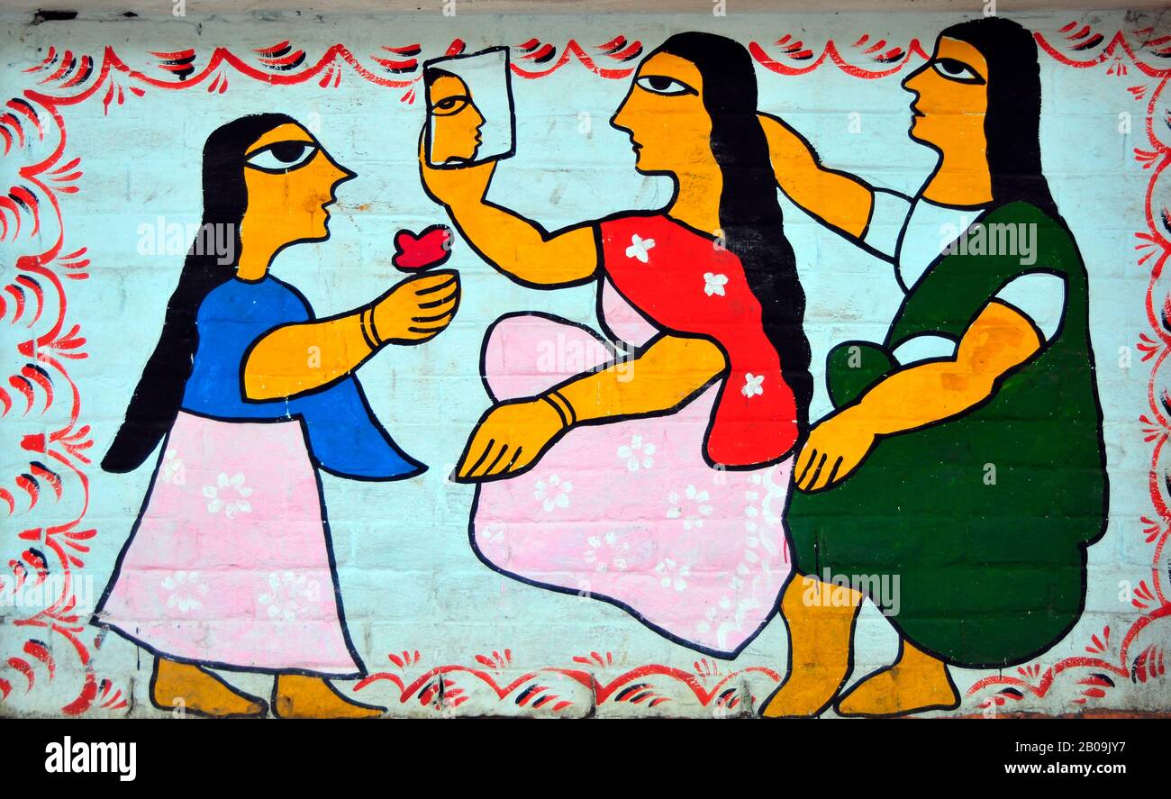 A mural of Bangladeshi rural women on the boundary wall of the Fine Art Institute of Dhaka University, ahead of Bangla New Year (1416) festival Pahela Baishakh. Dhaka, Bangladesh. April 13, 2009. Stock Photo