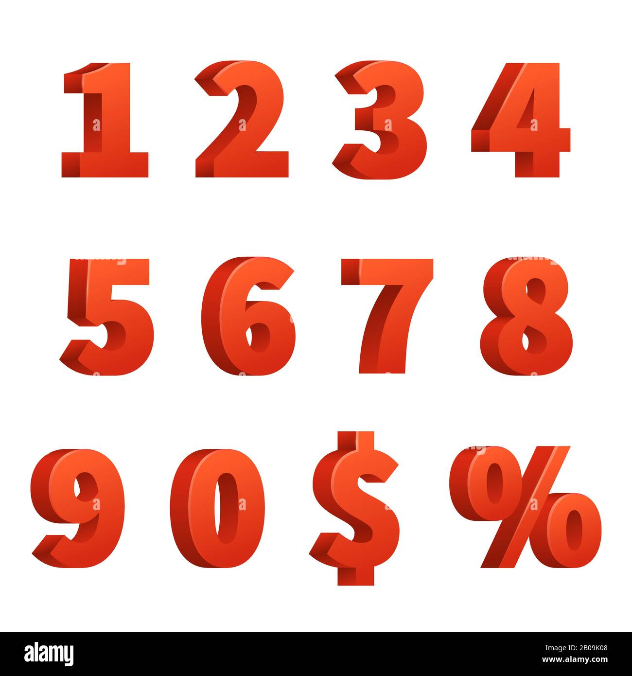 Red 3d numbers vector signs. Red figure numbers, illustration of order number and symbol dollar and percentage Stock Vector