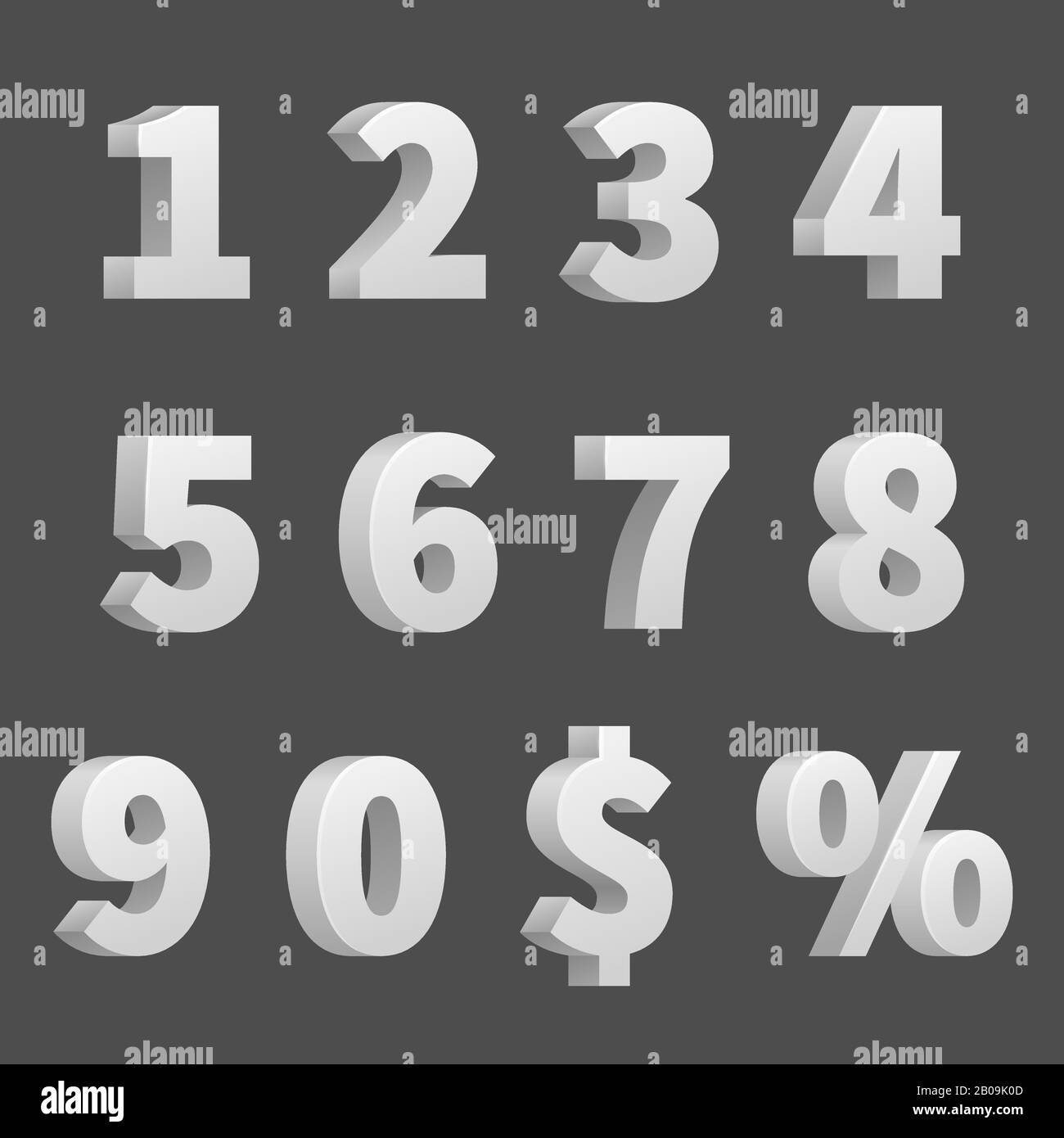 Vector 3D numbers and symbols. Three-dimensional numbers and finance signs, illustration of order numbers figure Stock Vector