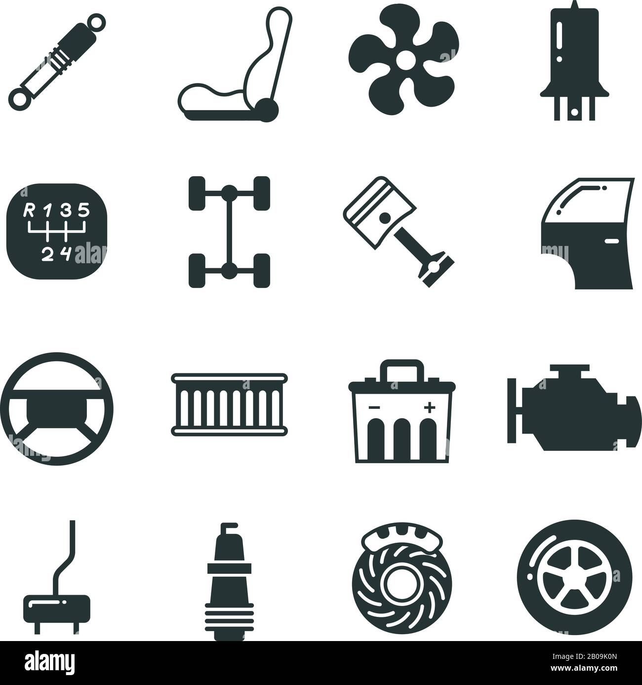 Car parts, mechanic vector icons set. Components and spare parts for car, illustration of parts for auto in black Stock Vector