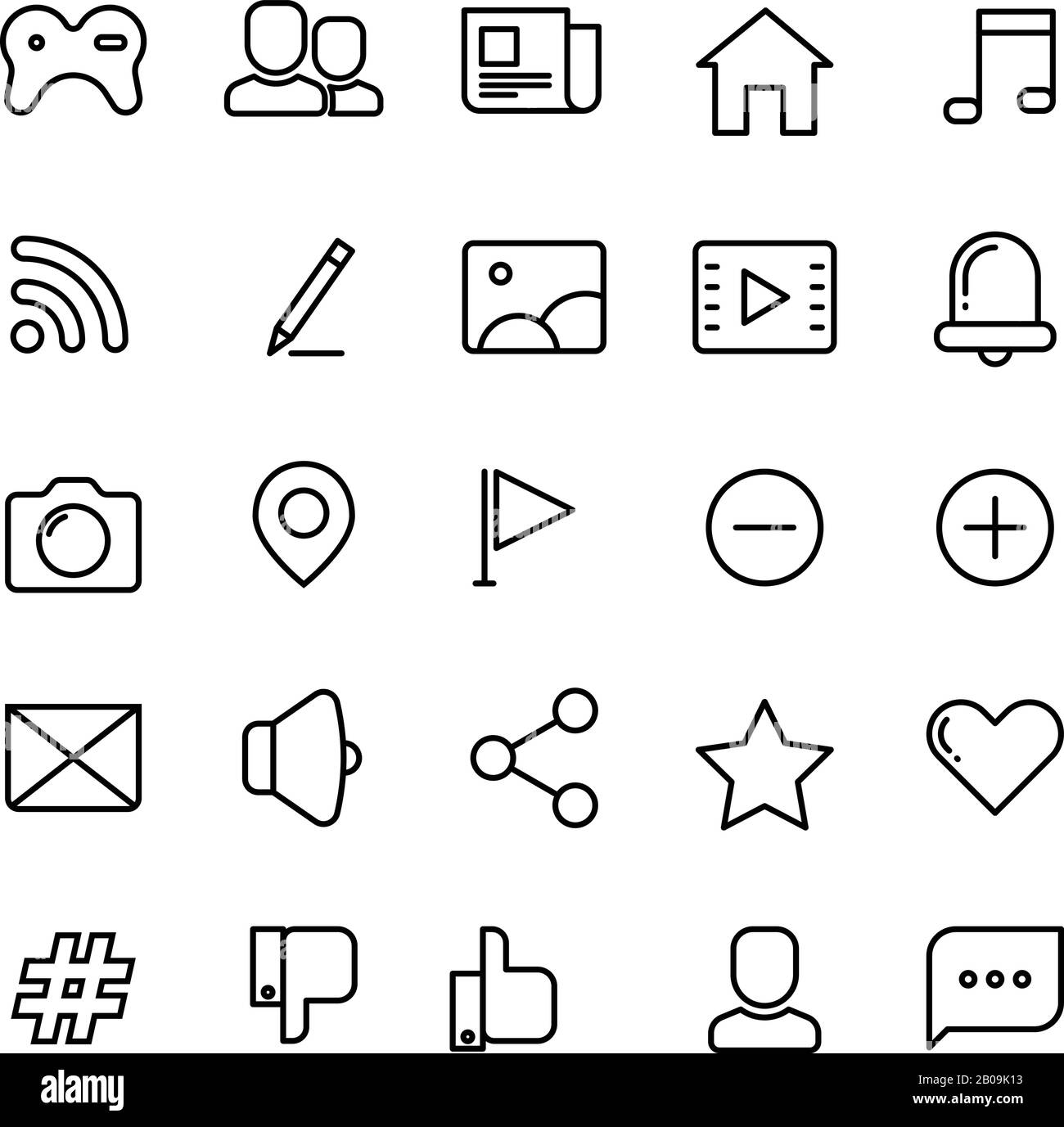 Web, social network, social media and communication thin line vector icons. Collection of icons for social networking application illustration Stock Vector