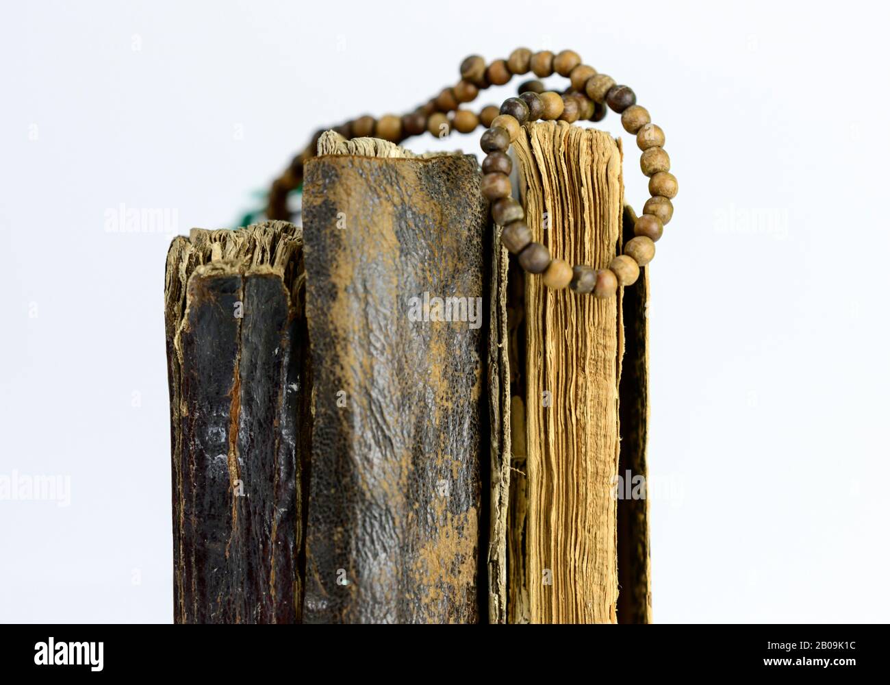 Antique old books isolated on white background. Selective focus. Stock Photo