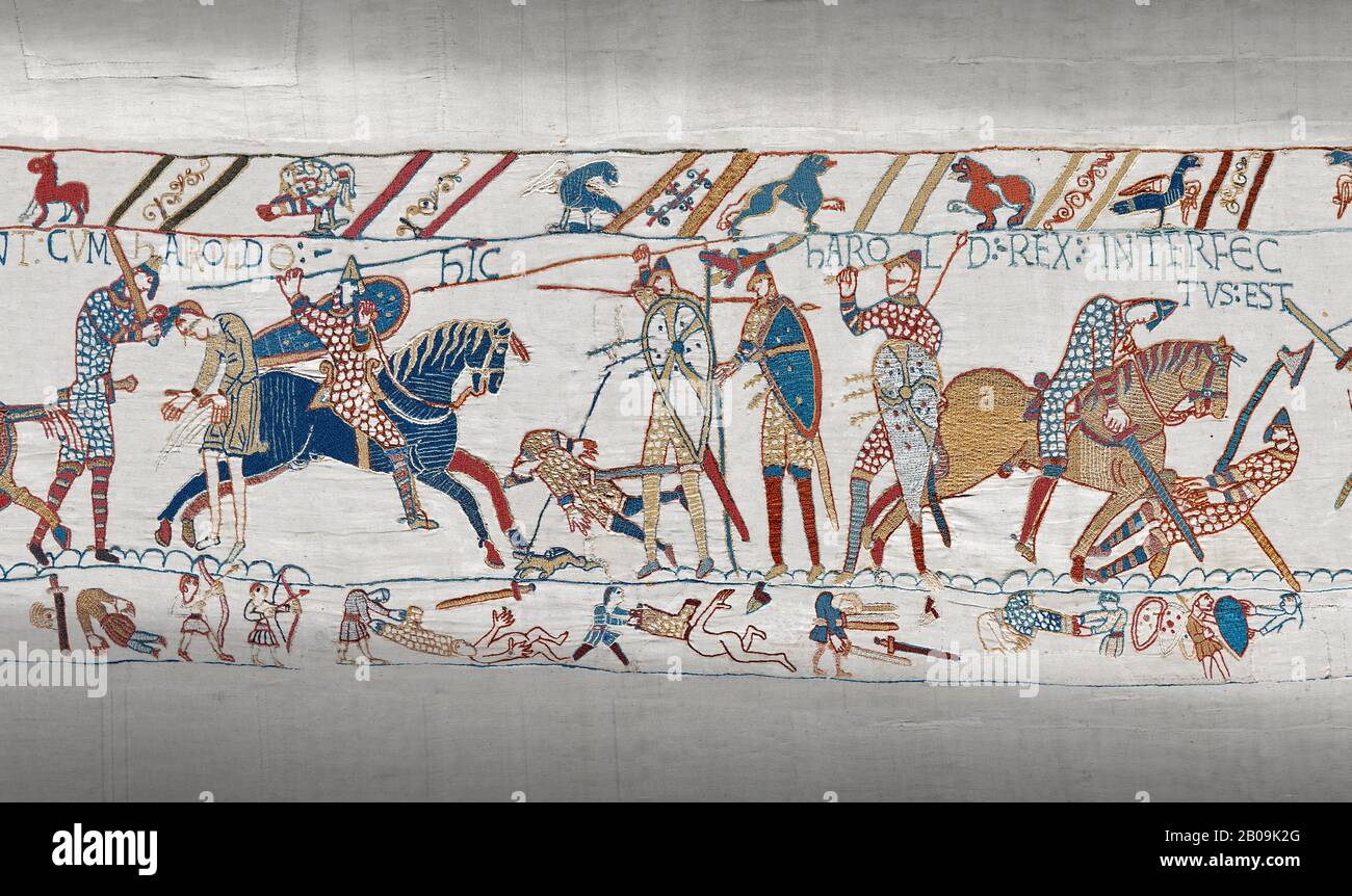 Bayeux Tapestry scene 57: King Harold is killed by an arrow in his eye as he looses the Battle of Hastings. Stock Photo