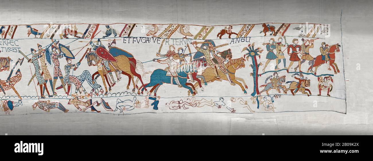 Bayeux Tapestry scene 58 :  Duke William wins the Battle of Hastings and is proclaimed King of England. Stock Photo