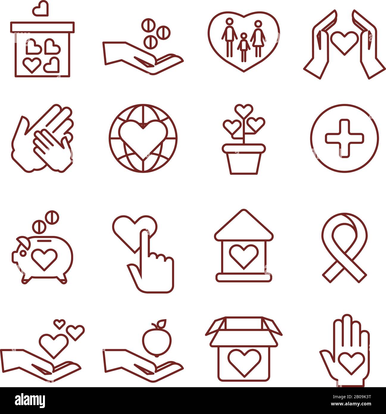 Charity giving, sponsorship, donation, humanitarian, giving money to child vector linear icons. Giving and help people illustration symbol Stock Vector