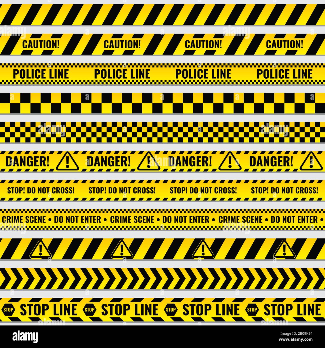 Black and yellow police stripe border, construction, danger caution seamless tapes vector set. Police line for for fencing crime scene, illustration of police barriers Stock Vector