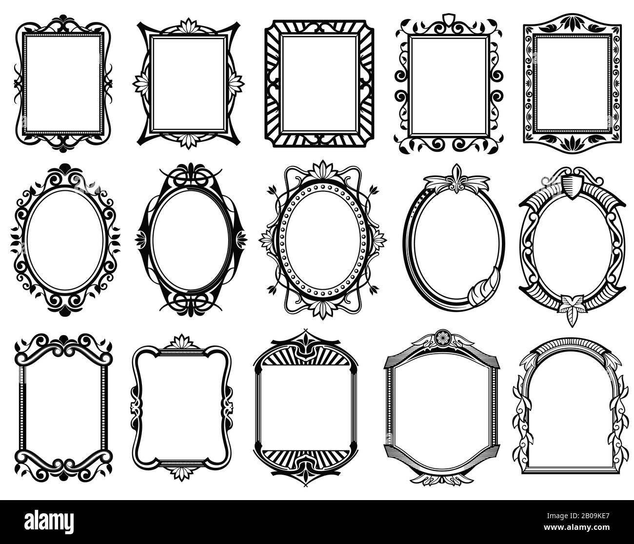 Vintage victorian, baroque, rococo frame for mirror, menu, card design vector collection. Blakc pattern frame, illustration set of frames for design Stock Vector