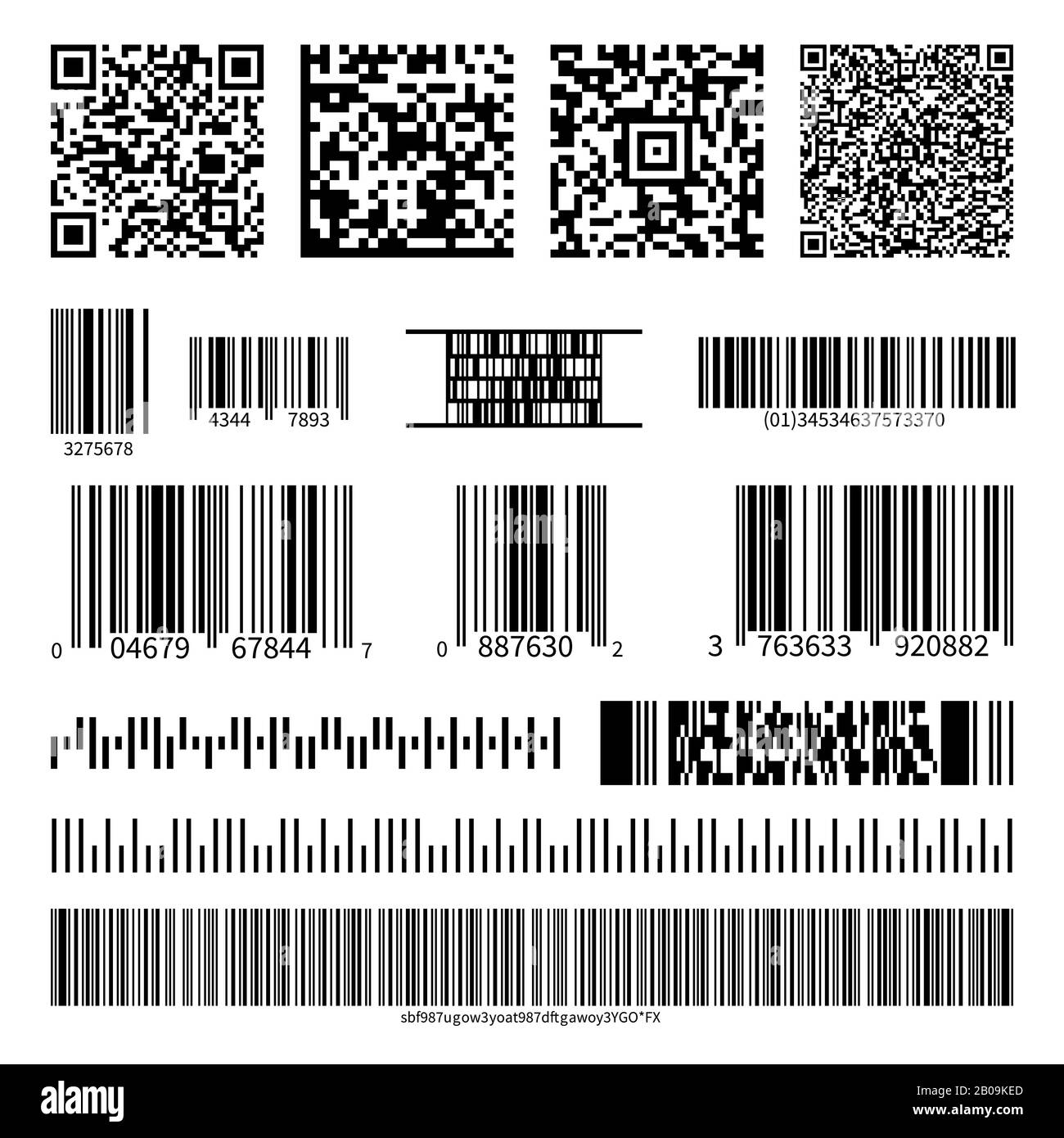 Business barcodes and QR codes vector set. Black striped code for digital identification, illustration of monochrome design qr code Stock Vector