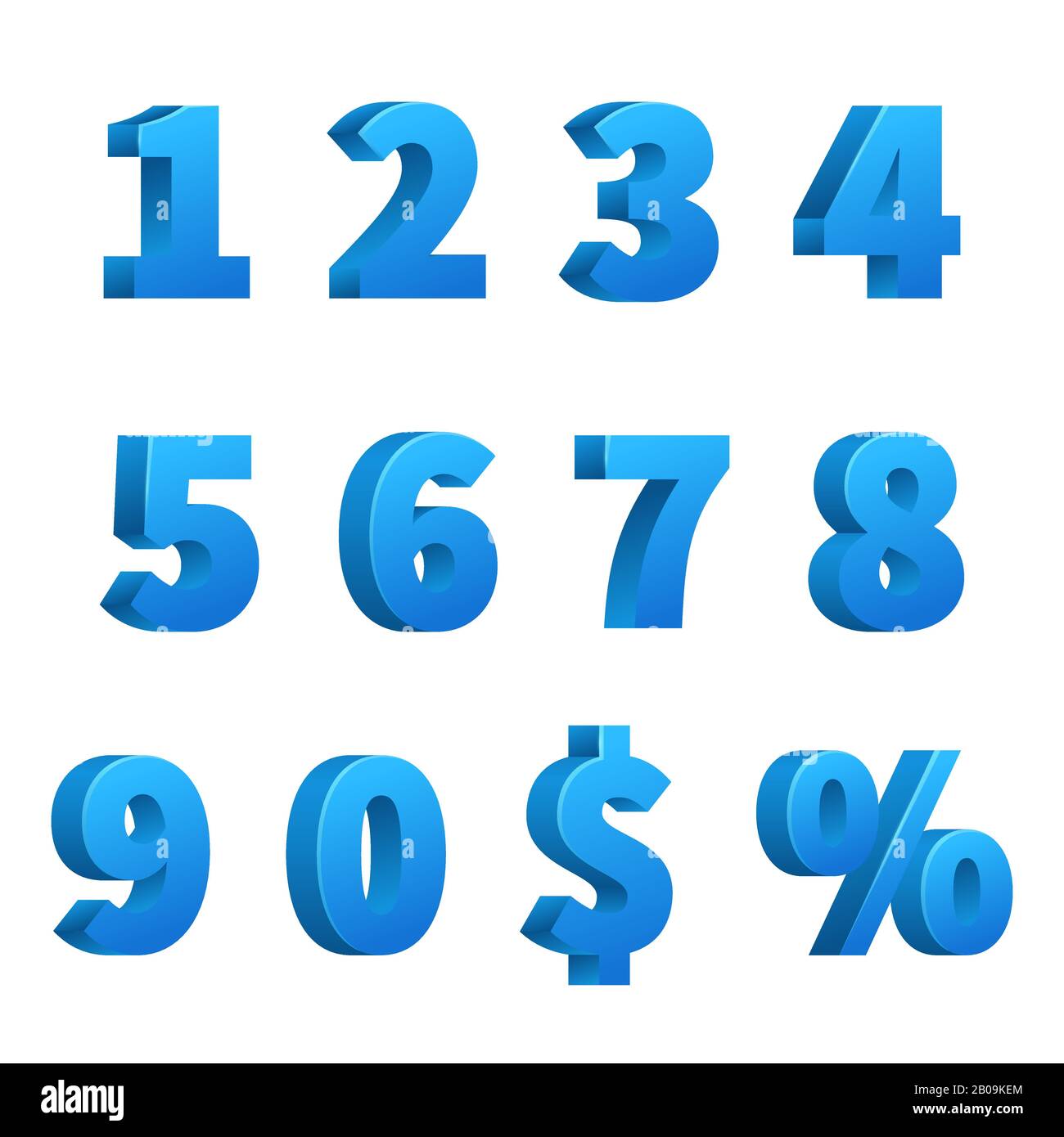 Blue 3d school numbers vector set. Typeface mathematics numbers, illustration of school numbers sign Stock Vector