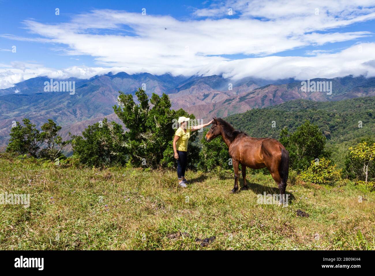 Local Costa Rican woman with her horse high in the mountains of Costa Rica Stock Photo