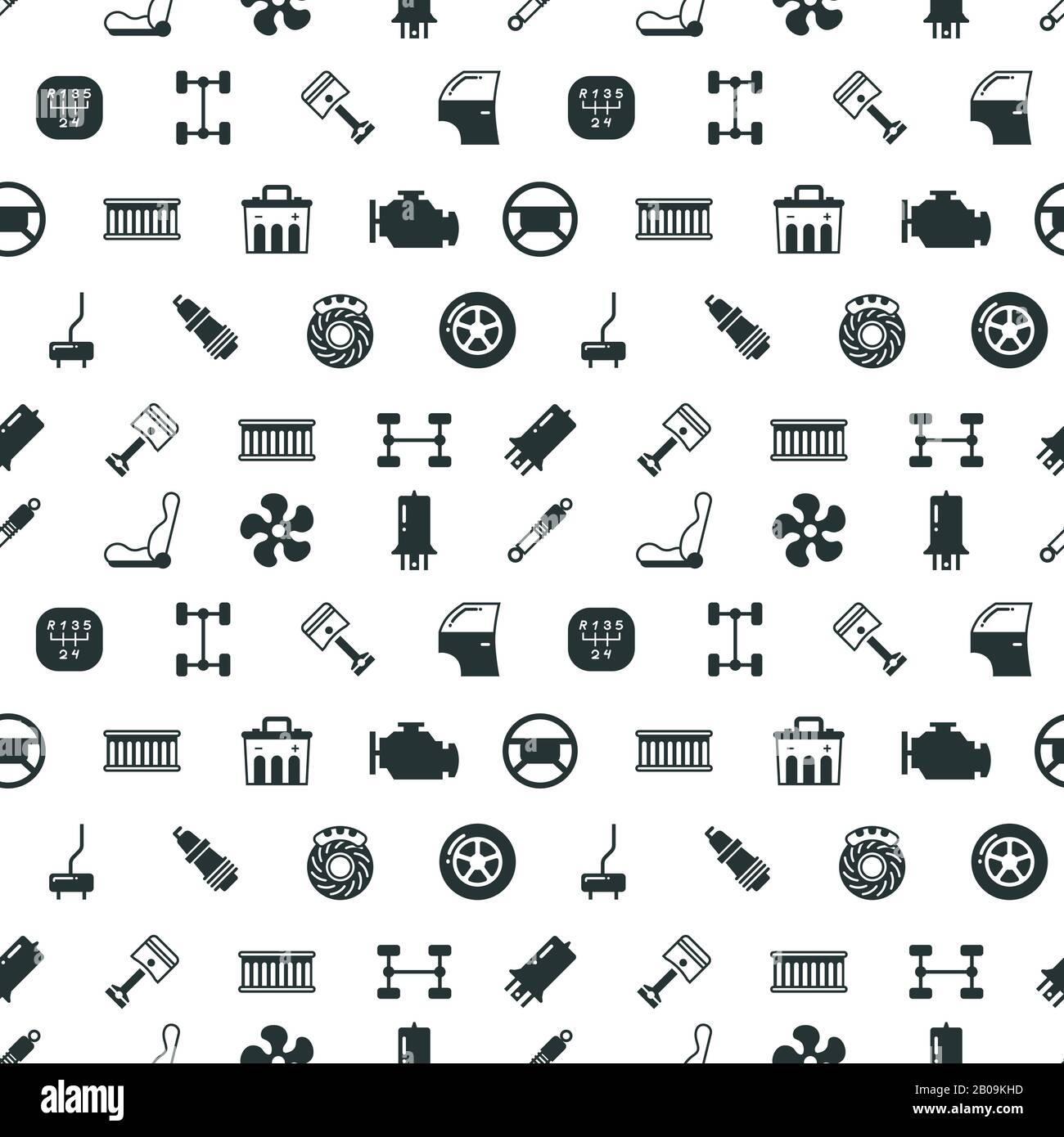 Car spare parts vector seamless pattern with automobile spare part spark and steering wheel, illustration of black silhouette car parts Stock Vector