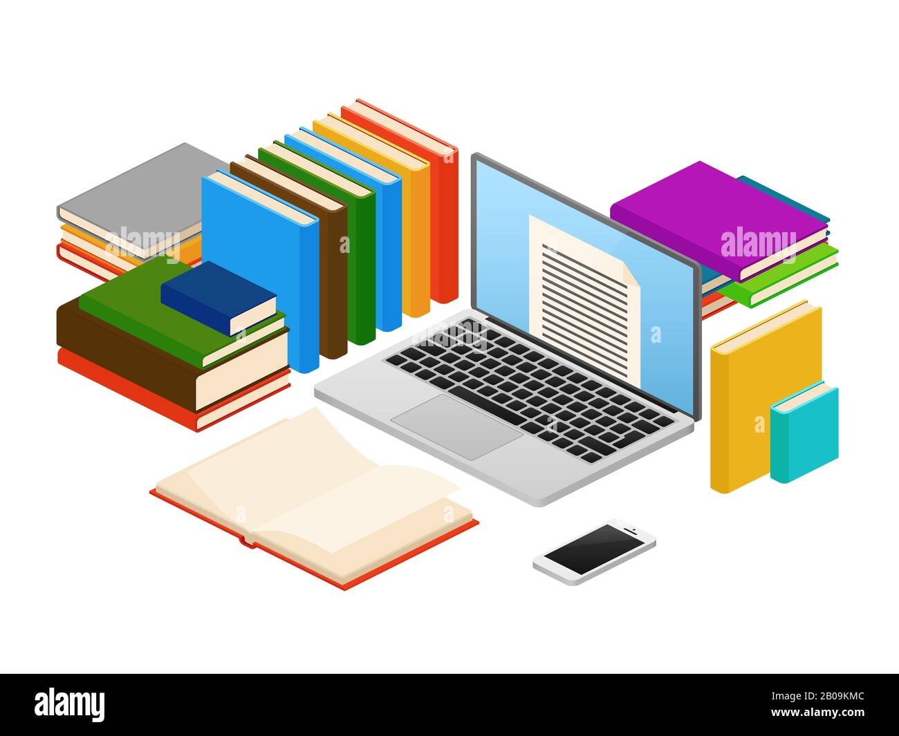 Online education, web e-book shop, library vector isometric concept. Electronic online library, literature in digital library illustration Stock Vector