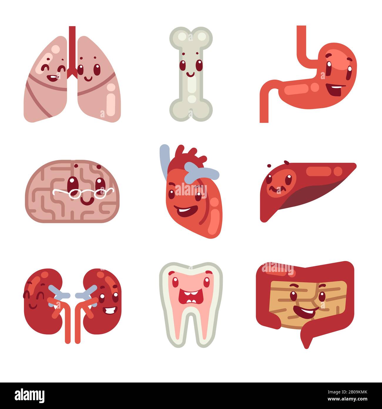 Cute cartoon internal organs vector icons. Characters human organs heart, liver and stomach, illustration of vital organs Stock Vector