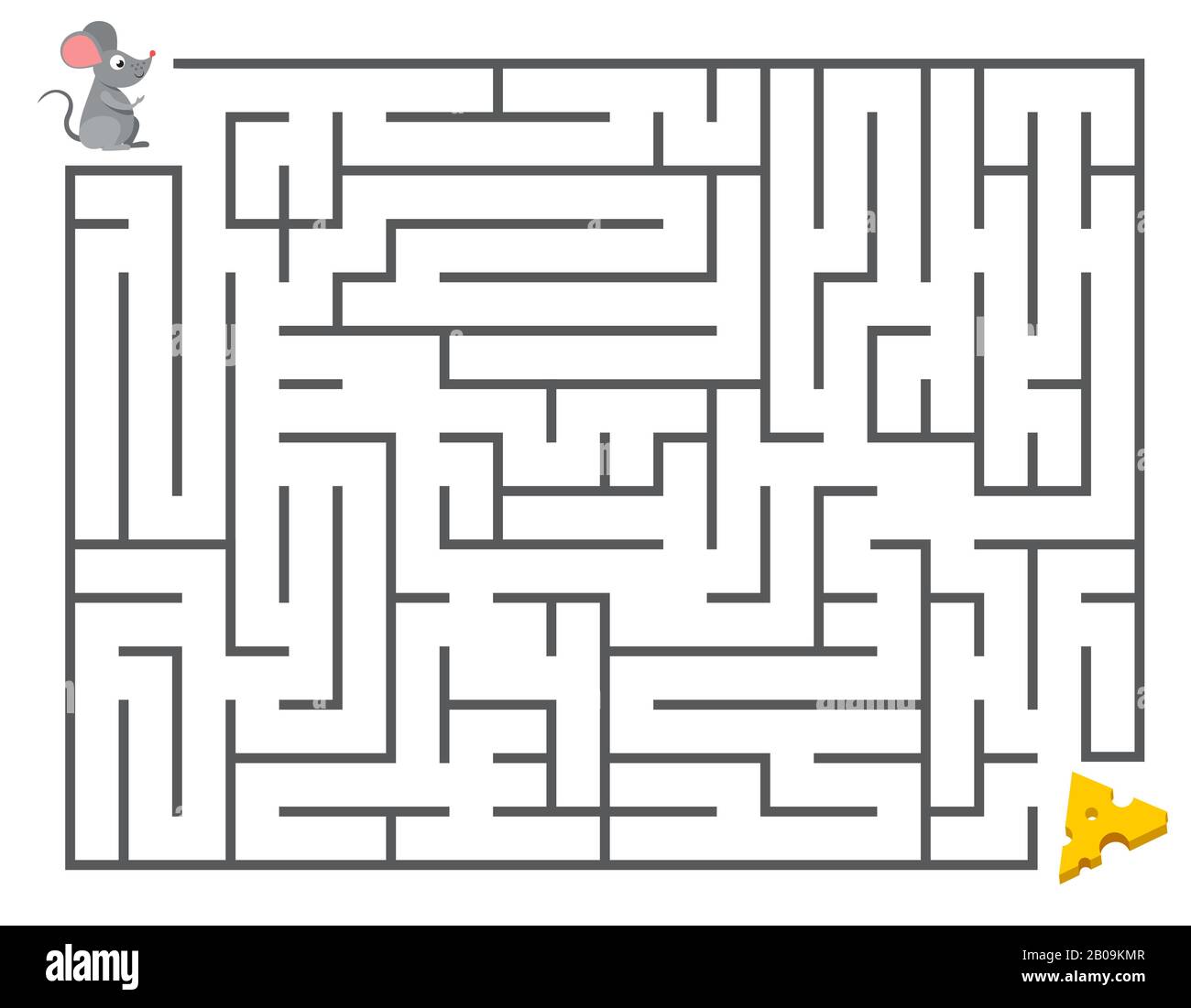 Cute mouse searching cheese. Kids maze puzzle, labyrinth vector illustration. Game labyrinth for development of thinking mental, mouse in labyrinth Stock Vector