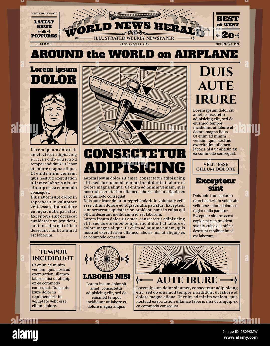 Old newspaper, vintage newsprint vector template. Retro newspaper with world news, illustration of page newsprint Stock Vector