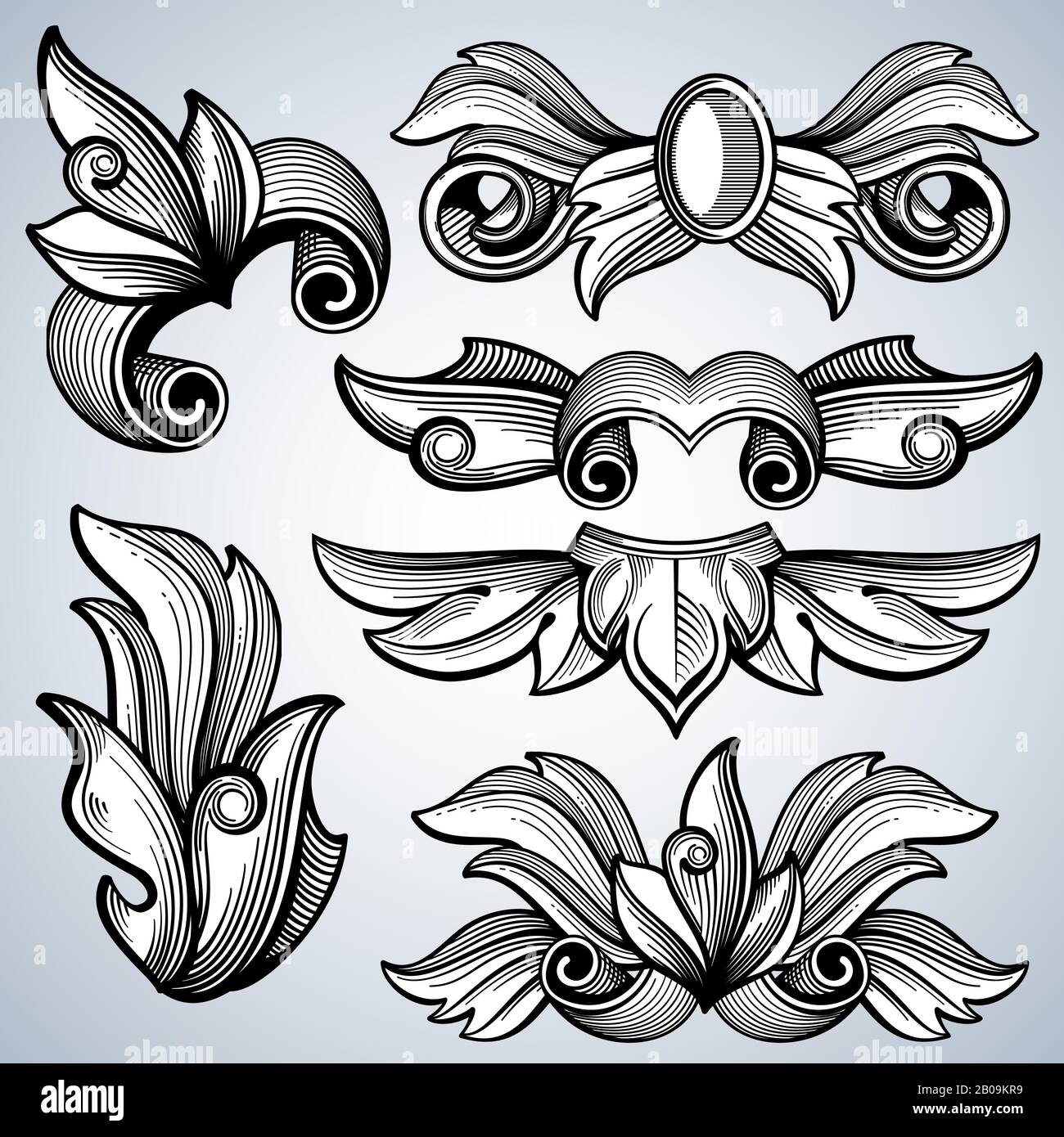 Decorative ornate engraving scroll ornament, leaves of baroque victorian frame border vector set. Frame elements for decoration corners. Illustration of ornament decor Stock Vector