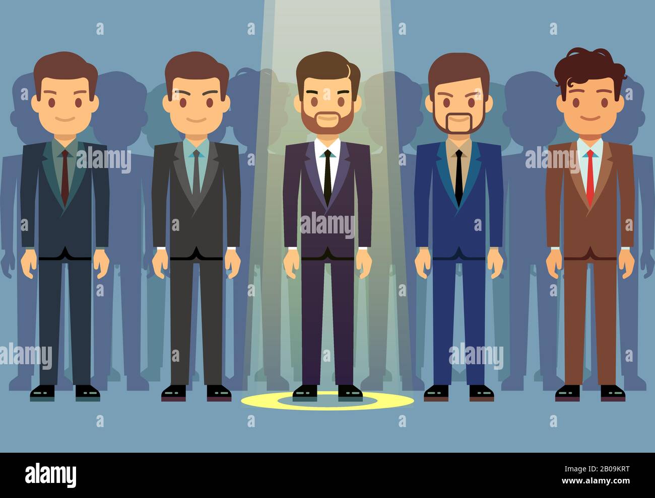 Employees job candidate selection, business recruitment vector concept. Select candidate to work, illustration candidate in ray of light Stock Vector