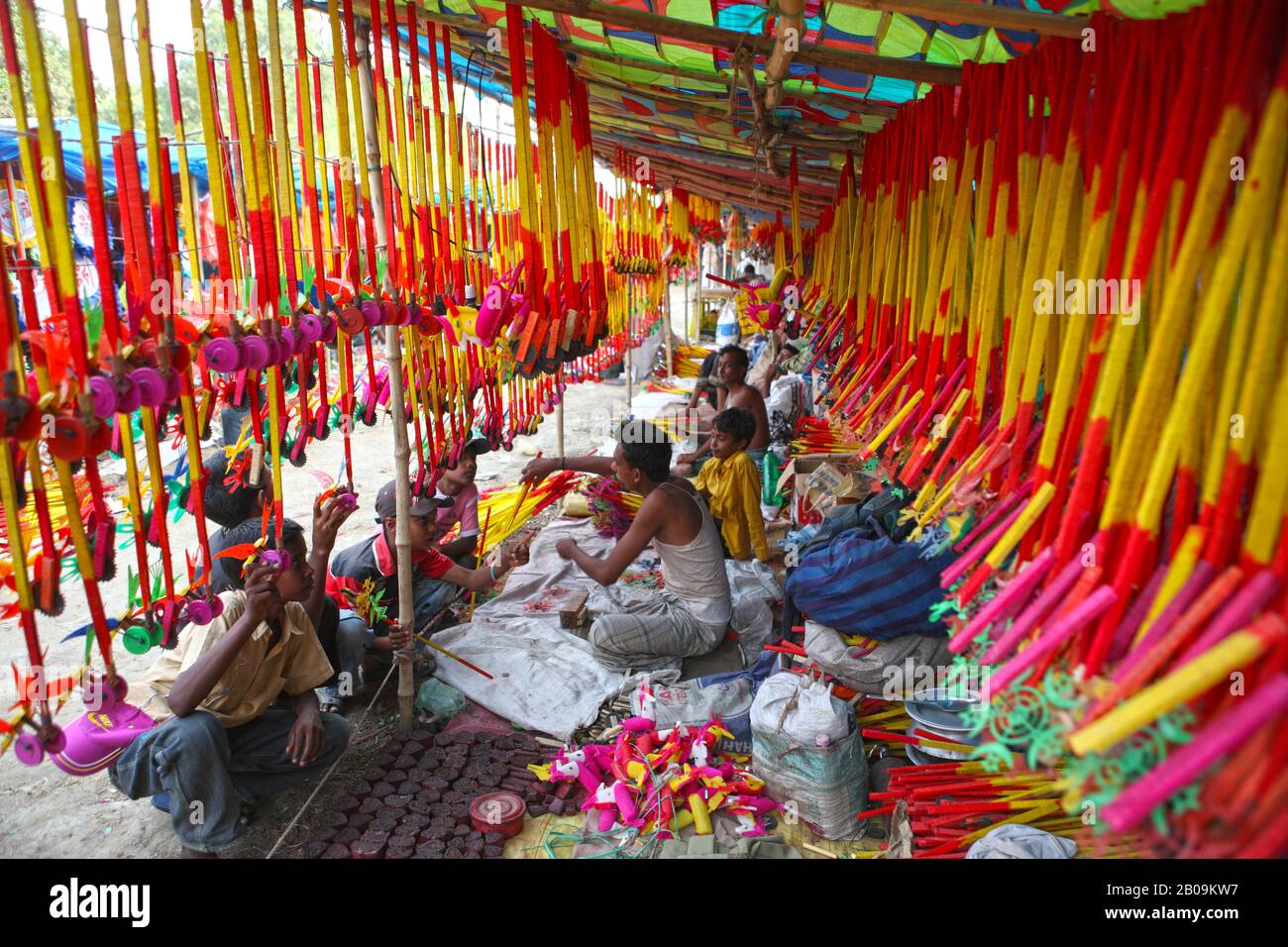 Colourful handmade toys, locally called Khelna, in a Bangla Pohela Baishakh fair. Veramara, Bangladesh. 2010. Stock Photo