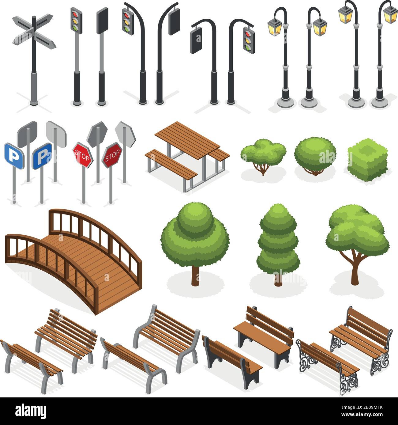 Urban city street miniature isometric vector objects, benches, trees, streetlight, seats, road signs. Urban object bench and tree, elements for urban design illustration Stock Vector