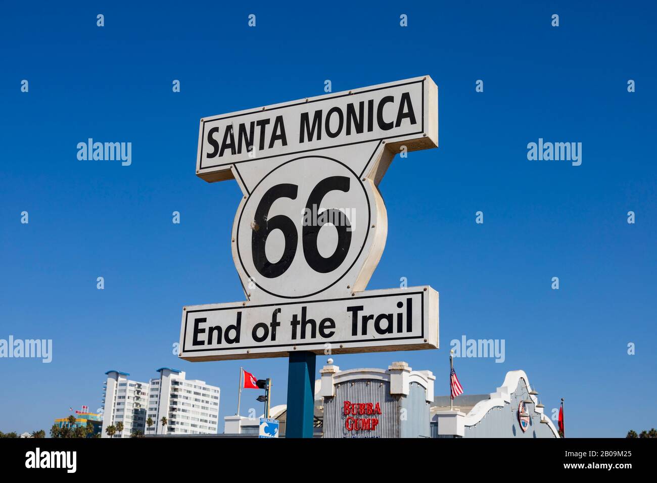 End of the trail, Route 66, sign post on the pier, Los Angeles, Santa Monica, California, United States of America Stock Photo