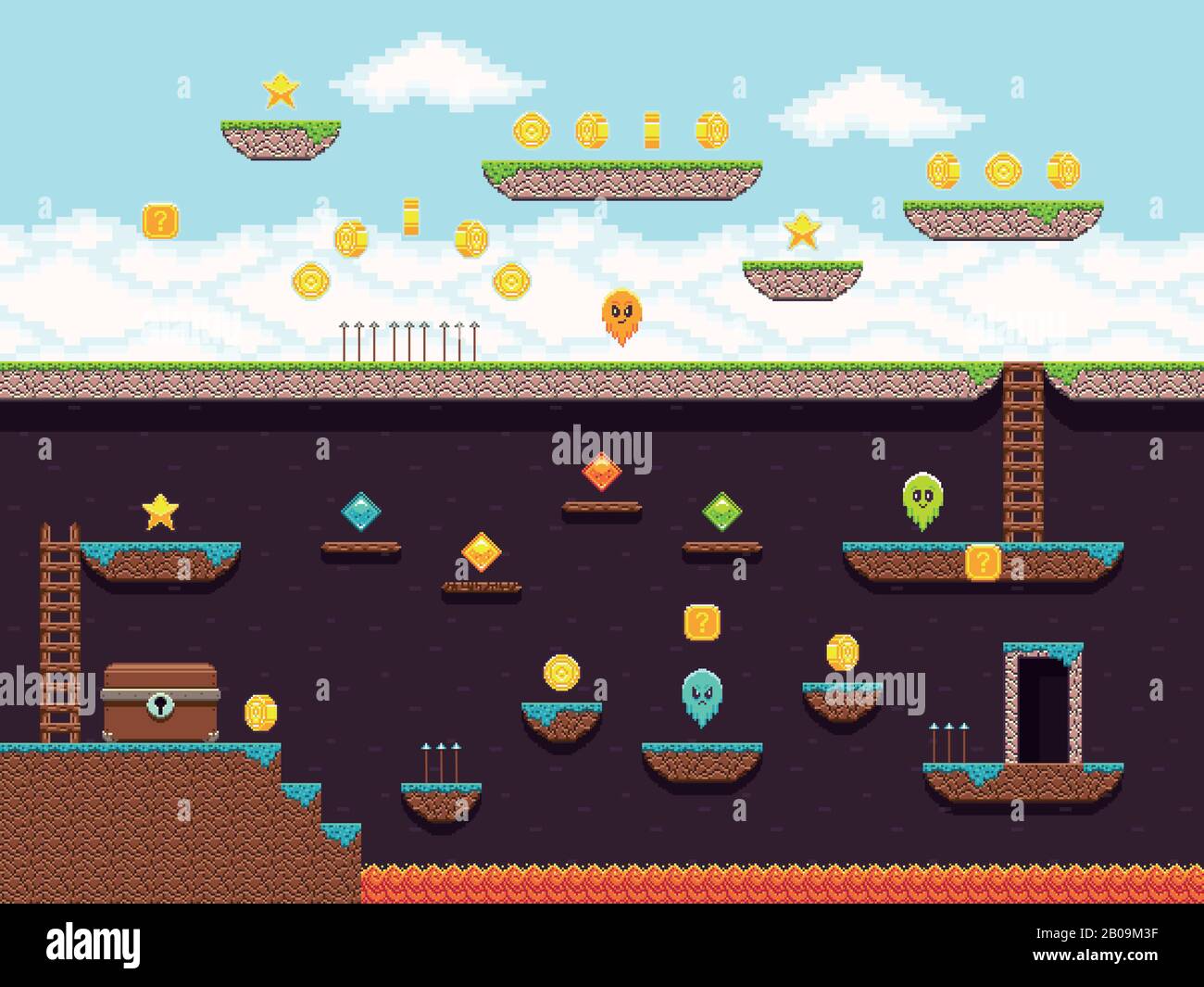 Retro platformer video game, vector gaming screen. Computer pixel game interface, illustration of platformer for vintage game Stock Vector