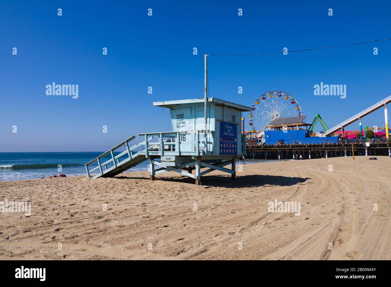 Lifeguard tower and the Santa Monica pier, California, United States of America Stock Photo