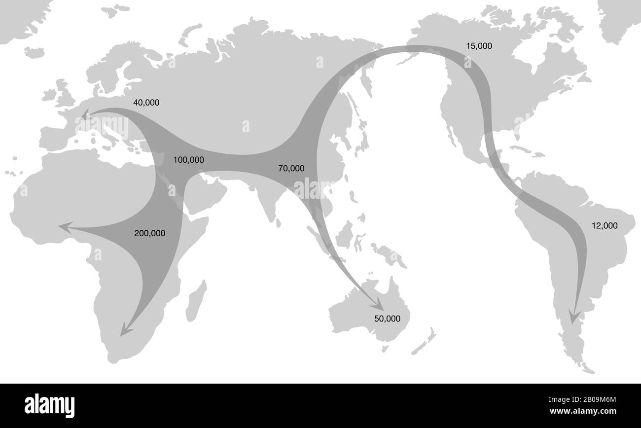 Global spread of humankind from africa 200000 years ago with their paths of expansion and time of settlement on the continents. Early human migration. Stock Photo
