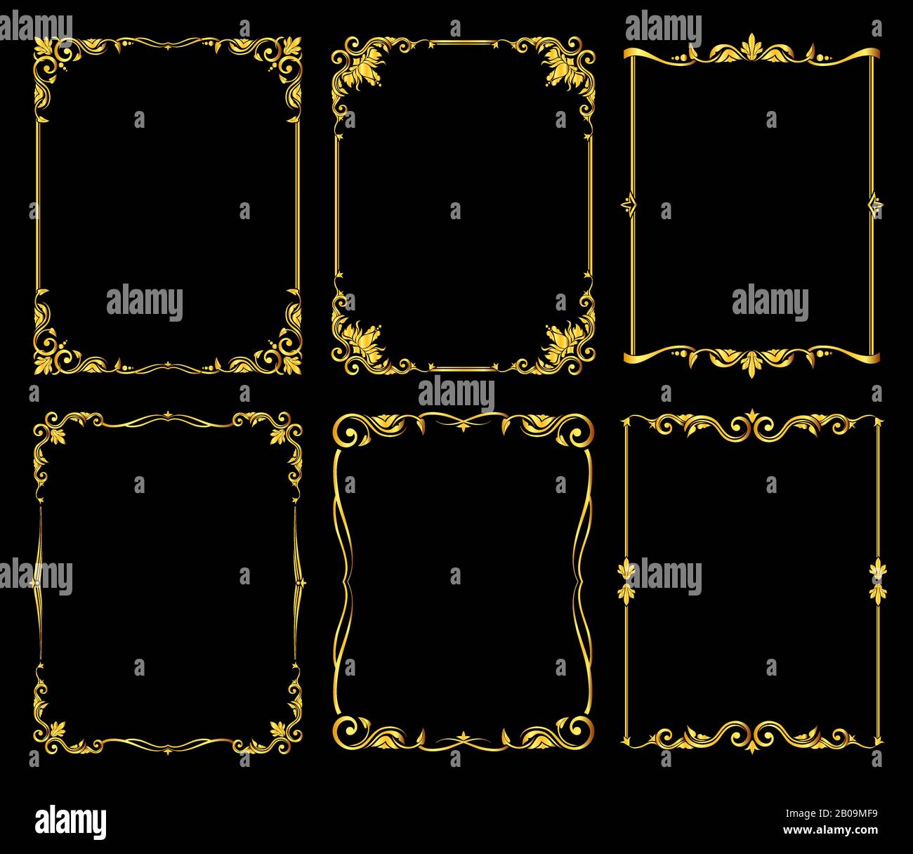 Ornate golden vector frames set over black background. Decoration frame design illustration Stock Vector