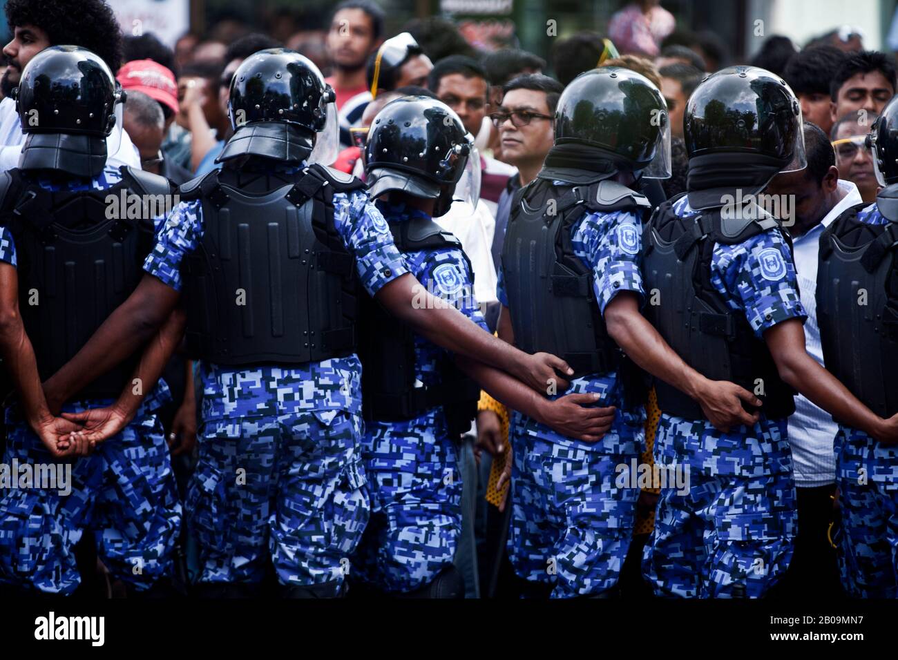 Male protests in support of former President Nasheed...Protests erupted in Male the Maldivian capital as former Former President Mohamed Nasheed attended police headquarters this afternoon (2 Aug, 2012) in response to a summons issued by the Maldives Police Service. ..Nasheed’s Maldivian Democratic Party (MDP) in a statement on July 31, accused President Mohamed Waheed’s administration of “demonstrating a clear pattern of abuse of power and tactics aimed at removing President Nasheed from the upcoming Presidential race.”..While the MDP had expressed “extreme concern” for Nasheed’s “personal sa Stock Photo