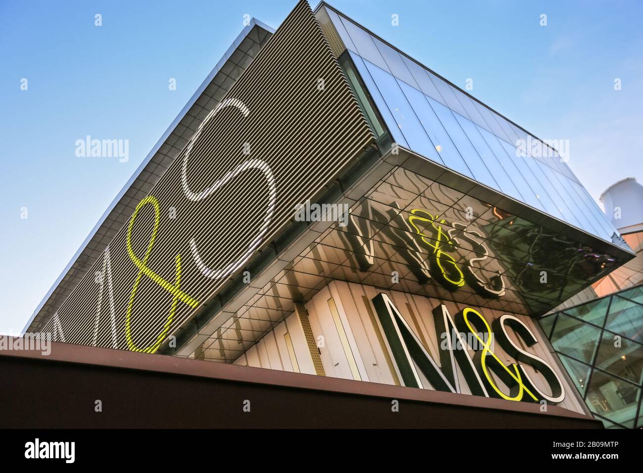 M&S, Marks & Spencer logo and exterior shop front, retail architecture at Westfield Stratford shopping centre, London, UK Stock Photo