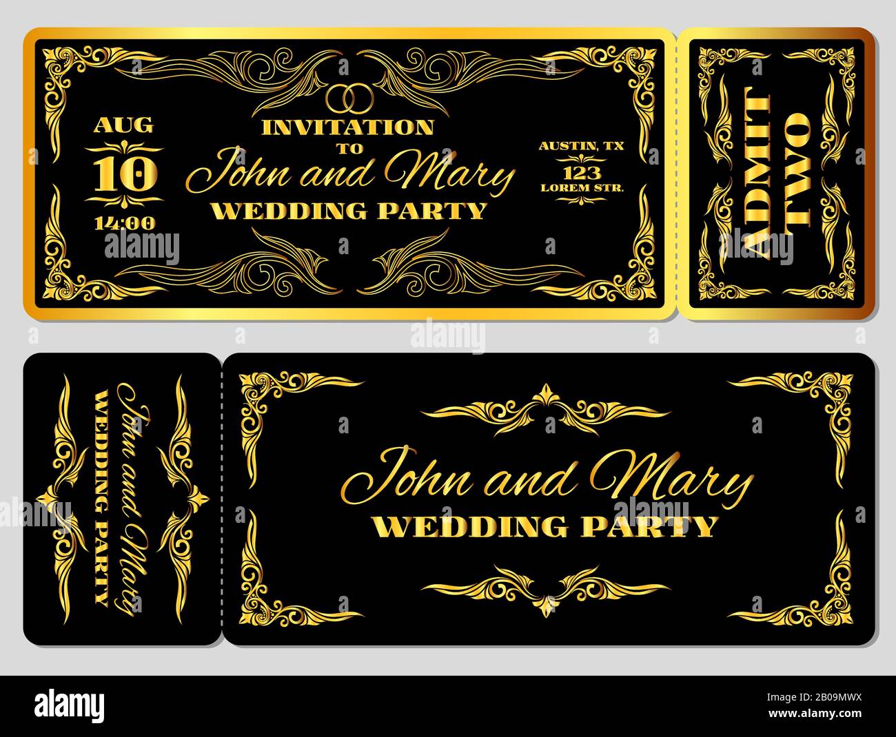 Wedding party invitation template in golden black. Banner with golden elegant frame illustration Stock Vector