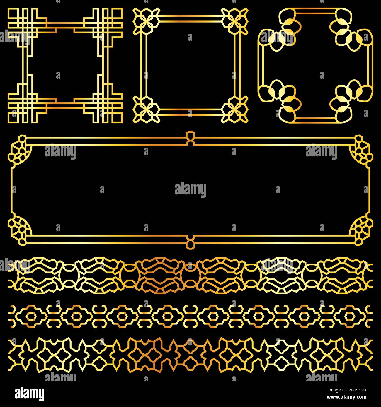 Golden vector asian retro frames and borders set. Collection of frame for design illustration Stock Vector