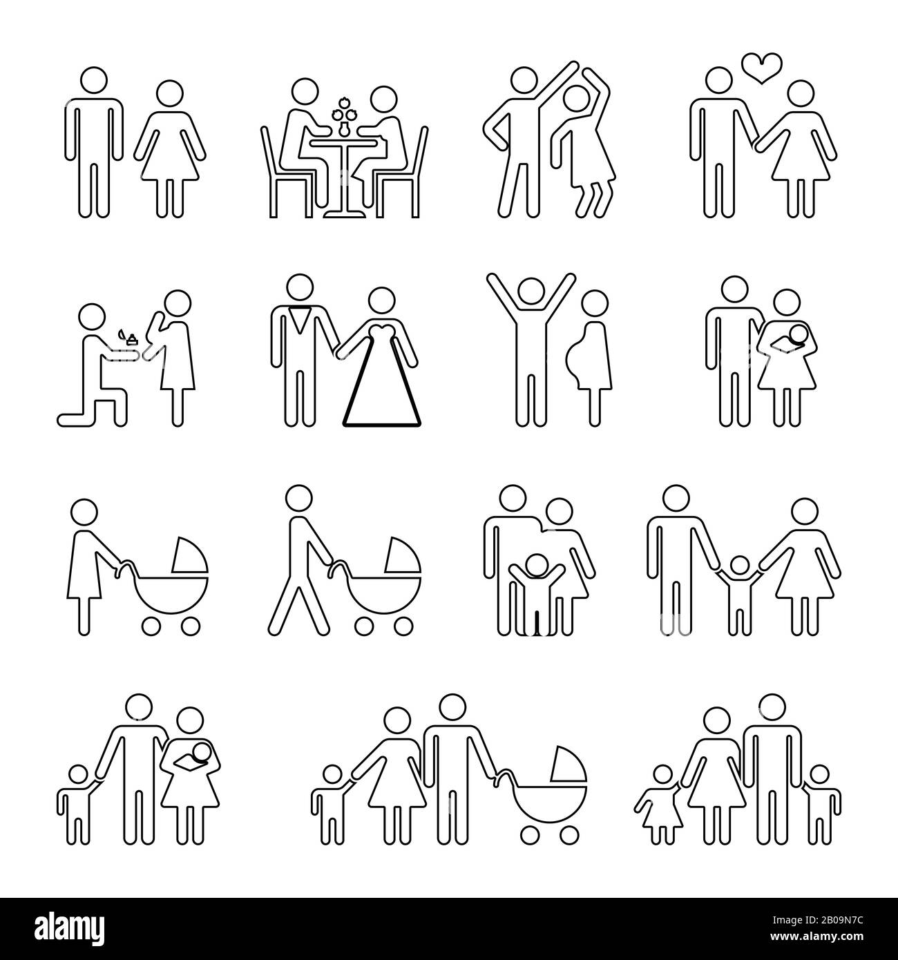 Family vector thin line icons set in black and white. Collection of linear family situation illustration Stock Vector