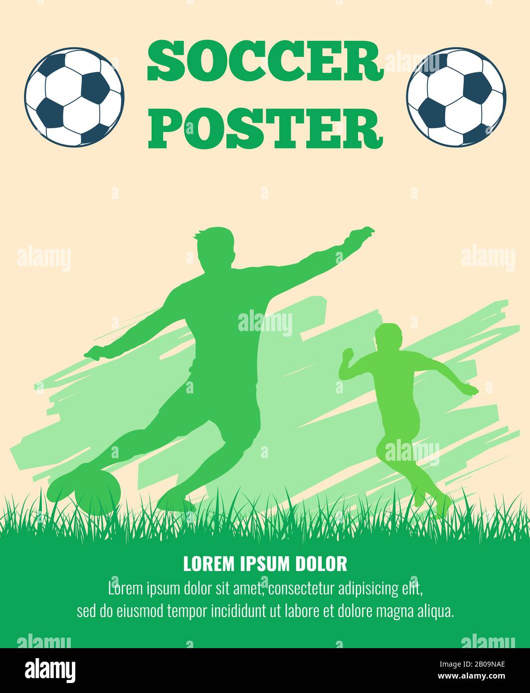 Soccer players vector poster template. Silhouette soccer players with ball illustration Stock Vector